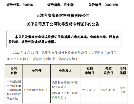 利安隆及子公司再取得1项发明专利证书