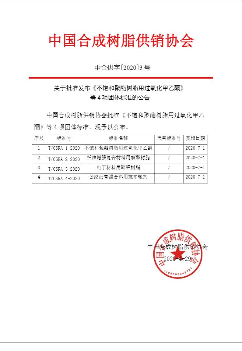 2020/5/13-团标发布-t/csra 1—2020《不饱和聚酯树脂用过氧化甲乙酮》团体标准